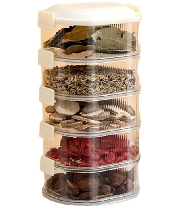 AIRTIGHT CONTAINERS FOR CONDIMENTS 5LAYER STORAGE BOX STACKABLE KITCHEN CONDIMENT JARS WITH LIDS LEAK PROOF AND FOOD FRESHKEEPING BOX FOR FRUIT SNACK AND SPICE 1 PCS
