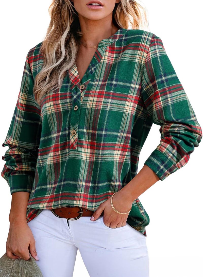 Astylish Women's Dressy Casual Blouses Button-Down Business Work Boho Tops Plus Size Fall Fashion Clothes V Neck Plaid Shirts Flannel Long Sleeve Fall Holiday Outfit Mist Green X-Large - Image 1