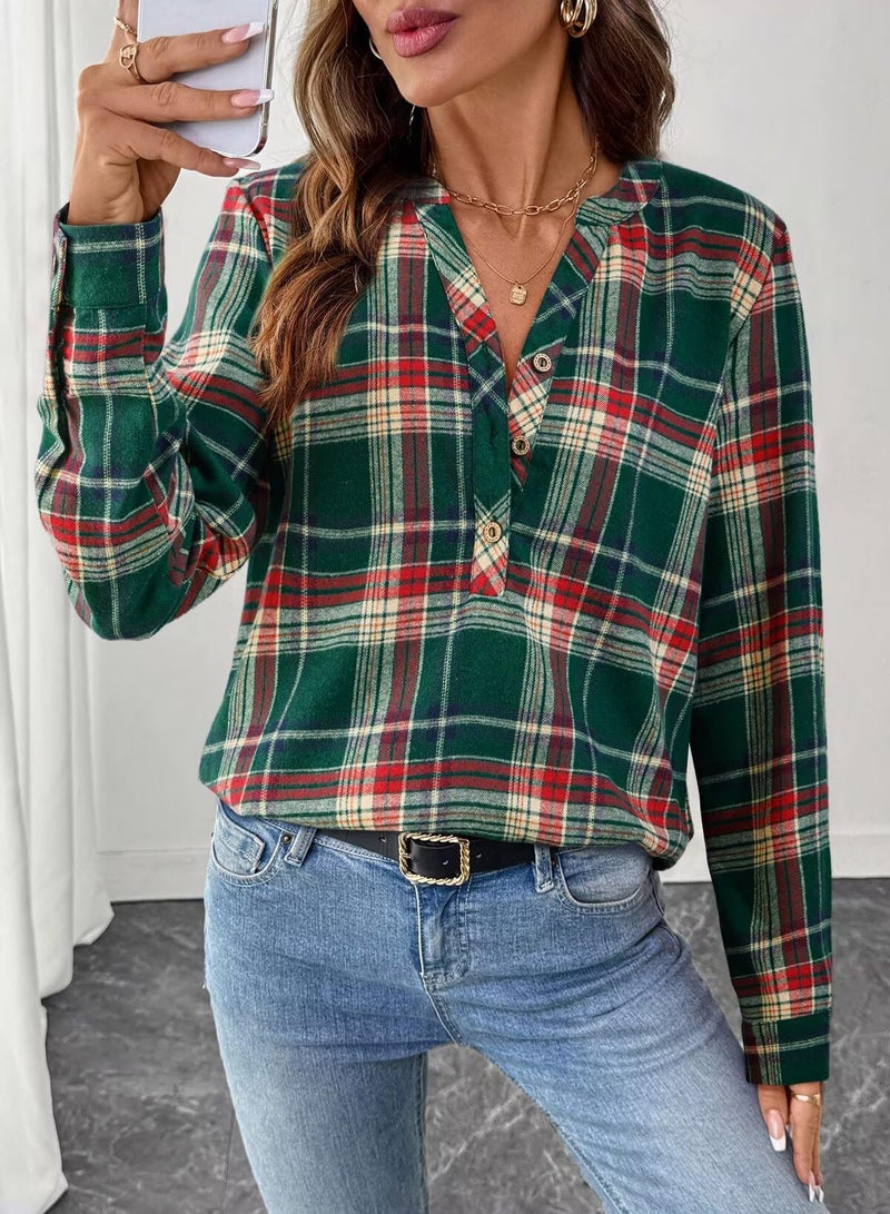 Astylish Women's Dressy Casual Blouses Button-Down Business Work Boho Tops Plus Size Fall Fashion Clothes V Neck Plaid Shirts Flannel Long Sleeve Fall Holiday Outfit Mist Green X-Large - Image 3