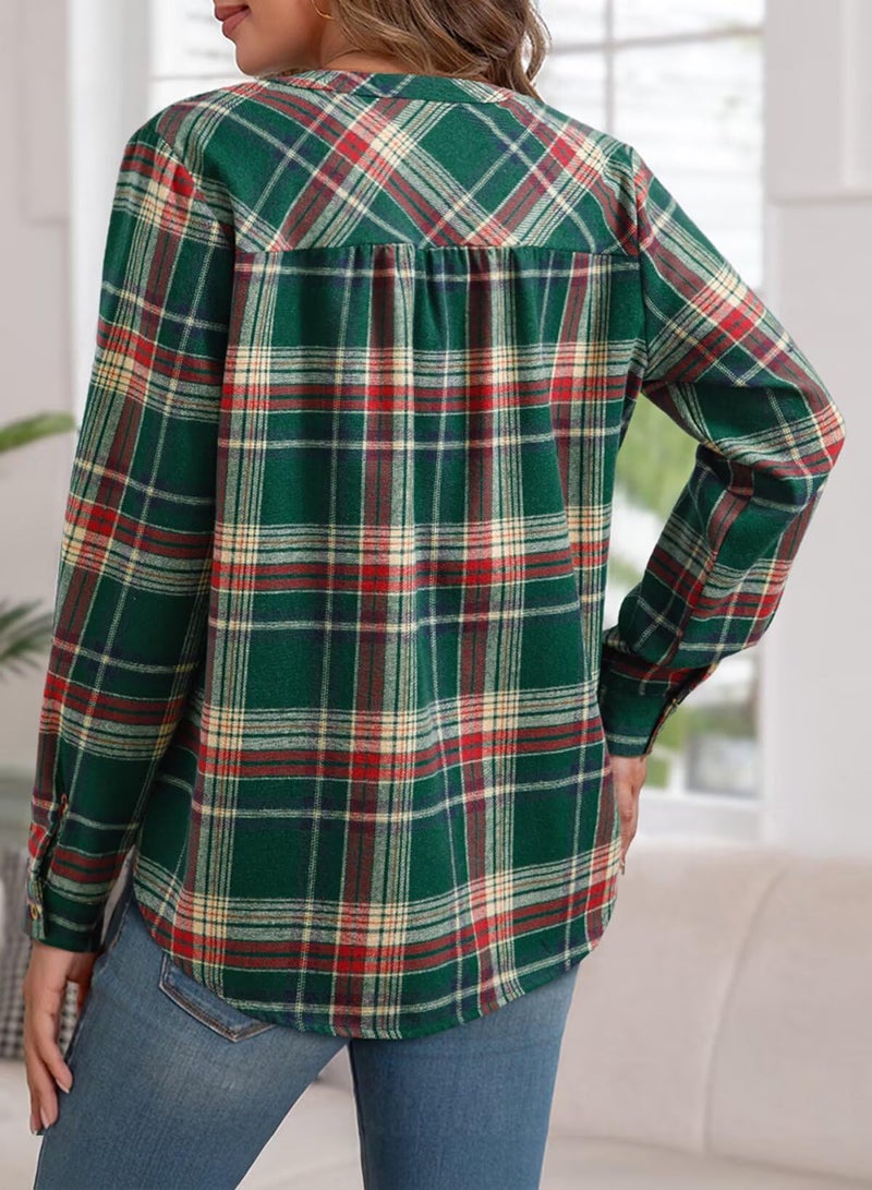 Astylish Women's Dressy Casual Blouses Button-Down Business Work Boho Tops Plus Size Fall Fashion Clothes V Neck Plaid Shirts Flannel Long Sleeve Fall Holiday Outfit Mist Green X-Large - Image 5