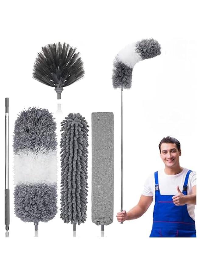 بيوينتي مجموعة منفضة ريش من المايكروفايبر مكونة من 5 قطع - مجموعة غبار محسنة بعمود طويل قابل للتمدد مع رؤوس رمادية قابلة للغسل للمنزل والمكتب والسيارة - قابلة لاعادة الاستخدام وخفيفة الوزن لتنظيف مراوح السقف - Image 1