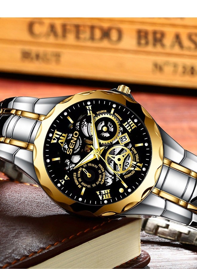 SENO Skeleton Dial Automatic Quartz Men's Watch, Water-Resistant and Luminous Stainless Men's Stainless Steel Business Watch with Date Display - Image 3