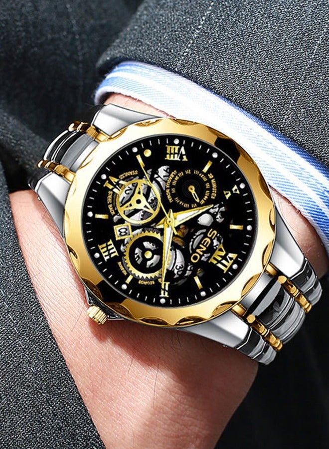 SENO Skeleton Dial Automatic Quartz Men's Watch, Water-Resistant and Luminous Stainless Men's Stainless Steel Business Watch with Date Display - Image 4