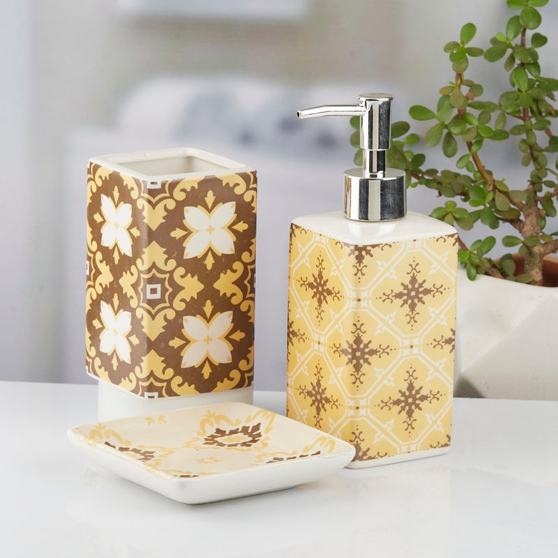 SaSaSa Ceramic Bathroom Accessories Set of 3 Modern Bath Set with Liquid handwash Soap Dispenser and Toothbrush Holder Luxury Gift Accessory for Home Yellow 10423 - Image 2