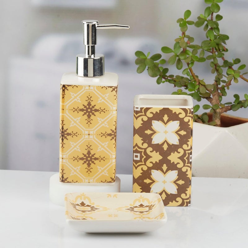 SaSaSa Ceramic Bathroom Accessories Set of 3 Modern Bath Set with Liquid handwash Soap Dispenser and Toothbrush Holder Luxury Gift Accessory for Home Yellow 10423 - Image 3