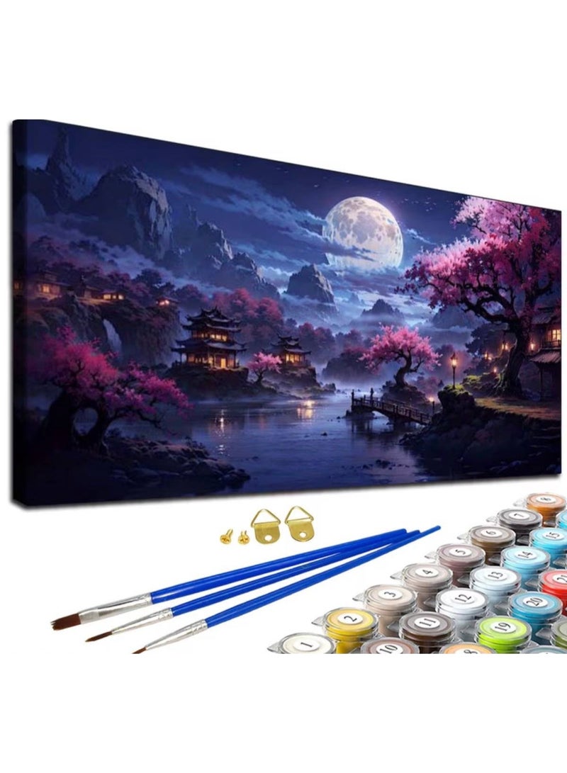Paint by Numbers Kit 70×40 cm – Enchanting Asian Night Landscape with Full Moon, Mountains, Lake, Pink Blossom Trees, Traditional Houses and Bridge – Numbered Paints and 3 Brushes