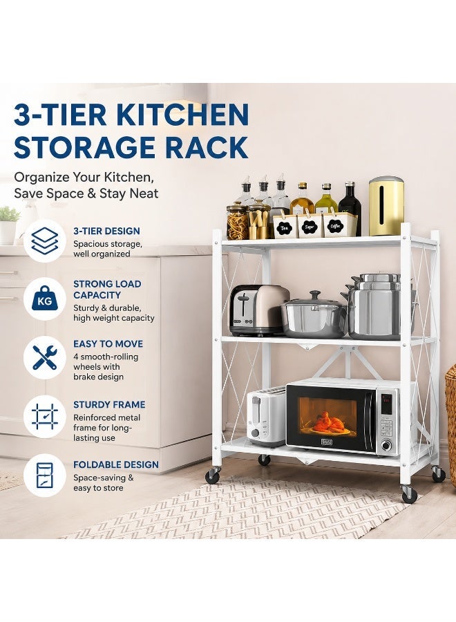 EXCLIFE Kitchen Storage Rack and Heavy Duty Metal Shelving Unit on Rolling Cart for Garage, Kitchen, Basement, Pantry, 3-Tier Thick Foldable Storage Shelves with Wheels, Large Capacity - Image 3