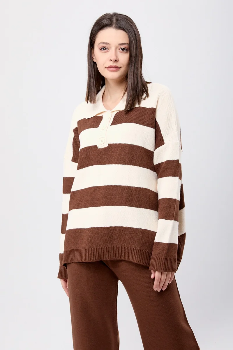 Tofisa 23895-COFFEE-CREAM Striped Knitwear Suit