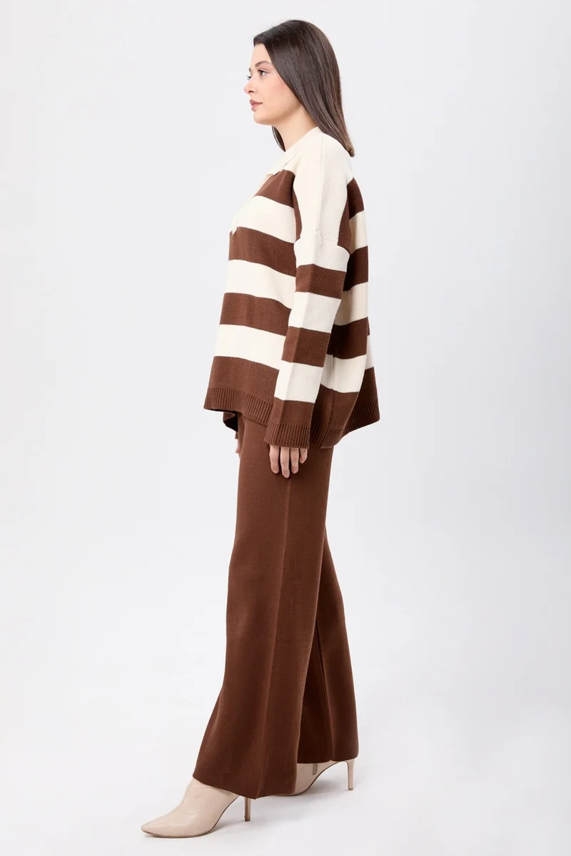 Tofisa 23895-COFFEE-CREAM Striped Knitwear Suit