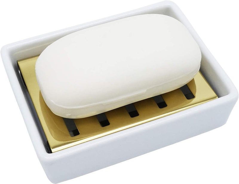 Lofekea Ceramic Soap Dish Gold Stainless Steel Soap Holder for Shower and Bathroom Double Layer Draining Soap Box - Image 2