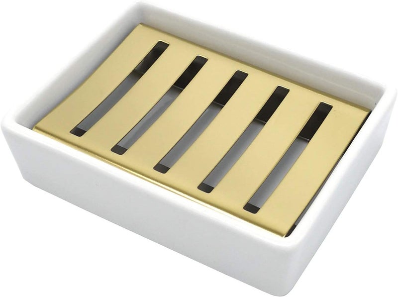 Lofekea Ceramic Soap Dish Gold Stainless Steel Soap Holder for Shower and Bathroom Double Layer Draining Soap Box - Image 1