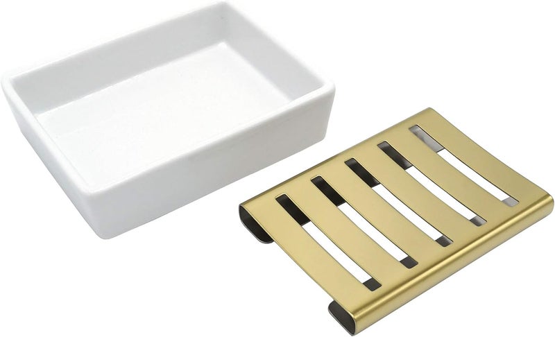 Lofekea Ceramic Soap Dish Gold Stainless Steel Soap Holder for Shower and Bathroom Double Layer Draining Soap Box - Image 4