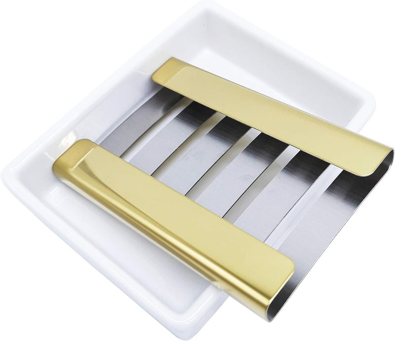 Lofekea Ceramic Soap Dish Gold Stainless Steel Soap Holder for Shower and Bathroom Double Layer Draining Soap Box - Image 3