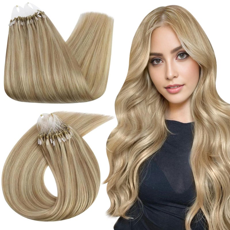 Ugeat Golden Blonde Micro Bead Hair Extensions Highlight Dark Ash Blonde Micro Loop Hair Extensions Real Human Hair Highlight Microlink Silky Smooth No Damage for Women 16 Inch 50G 50S