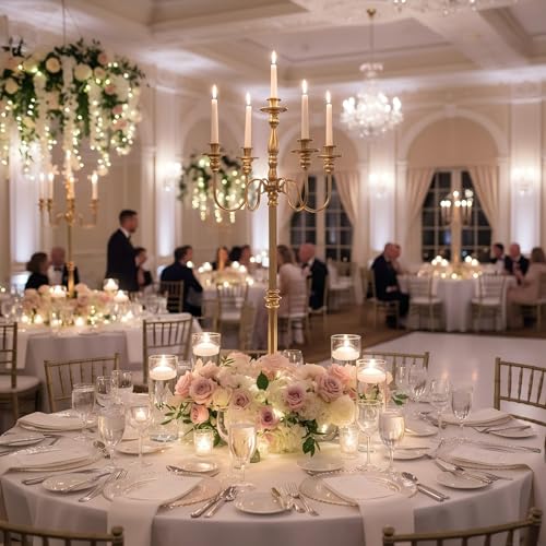 LANLONG Gold Candelabra for Wedding Event Decor, 50'' Tall Floor Candle Holders, 1Pc Metal 5 Arm Candelabra Candle Holder Centerpiece for 5 Candlesticks Party Wedding Aisle Home Decor - Image 4