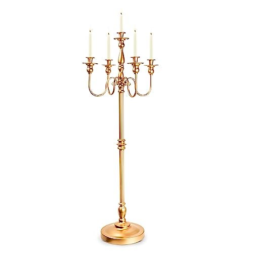 LANLONG Gold Candelabra for Wedding Event Decor, 50'' Tall Floor Candle Holders, 1Pc Metal 5 Arm Candelabra Candle Holder Centerpiece for 5 Candlesticks Party Wedding Aisle Home Decor - Image 1