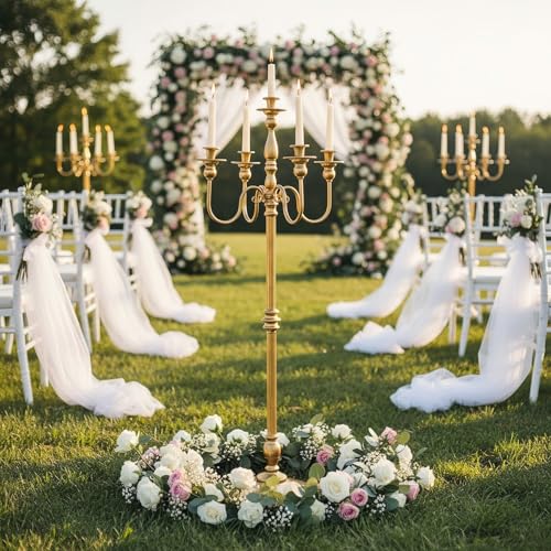 LANLONG Gold Candelabra for Wedding Event Decor, 50'' Tall Floor Candle Holders, 1Pc Metal 5 Arm Candelabra Candle Holder Centerpiece for 5 Candlesticks Party Wedding Aisle Home Decor - Image 3
