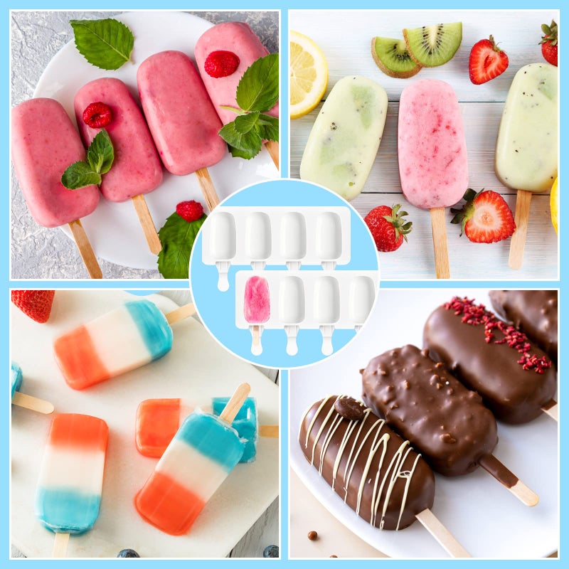Mototo 6 Set Small Silicone Popsicle Molds Ice Cream Mould 4 Cavity Ice Lolly Mold White Oval Cake Pop Mould with 300 Pieces Wooden Sticks for DIY Cream Popsicle Cake, White - Image 5