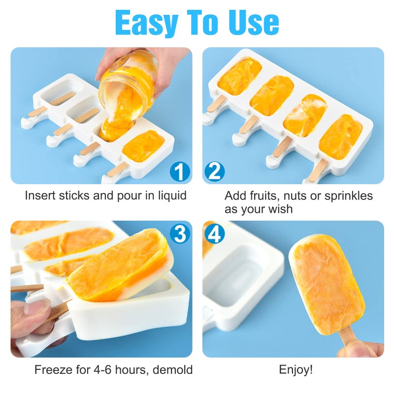 Mototo 6 Set Small Silicone Popsicle Molds Ice Cream Mould 4 Cavity Ice Lolly Mold White Oval Cake Pop Mould with 300 Pieces Wooden Sticks for DIY Cream Popsicle Cake, White - Image 4