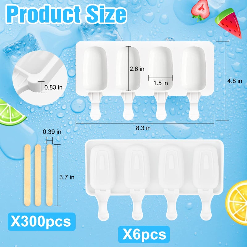 Mototo 6 Set Small Silicone Popsicle Molds Ice Cream Mould 4 Cavity Ice Lolly Mold White Oval Cake Pop Mould with 300 Pieces Wooden Sticks for DIY Cream Popsicle Cake, White - Image 2