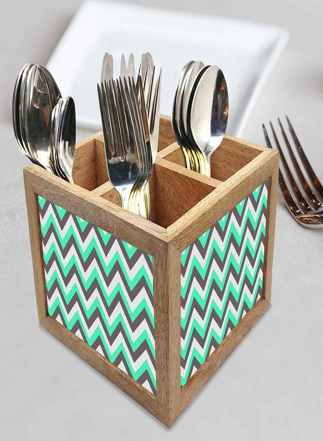 Nutcase Wooden Cutlery Stand Holder Silverware Caddy Spoons Forks Knives Organizer for Dining Table & Kitchen -Made in India-Spoons NOT Included - Mint and Gray Chevron - Image 2