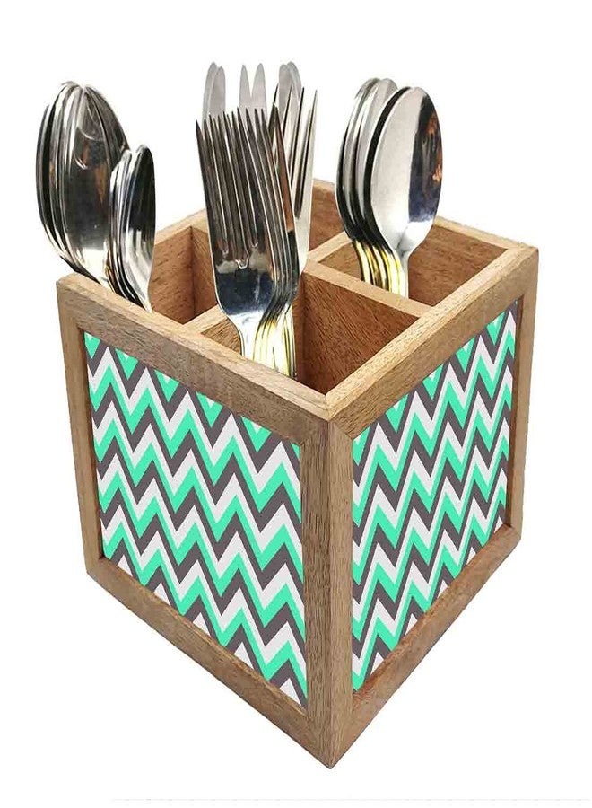 Nutcase Wooden Cutlery Stand Holder Silverware Caddy Spoons Forks Knives Organizer for Dining Table & Kitchen -Made in India-Spoons NOT Included - Mint and Gray Chevron - Image 1