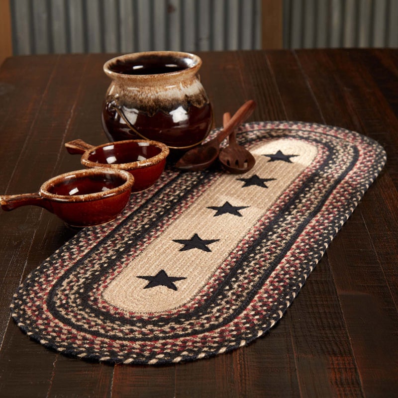 VHC Brands Primitive Colonial Star Table Runner  Tan Black Red  Jute Blend  Oval  13x36 Inches - Image 1