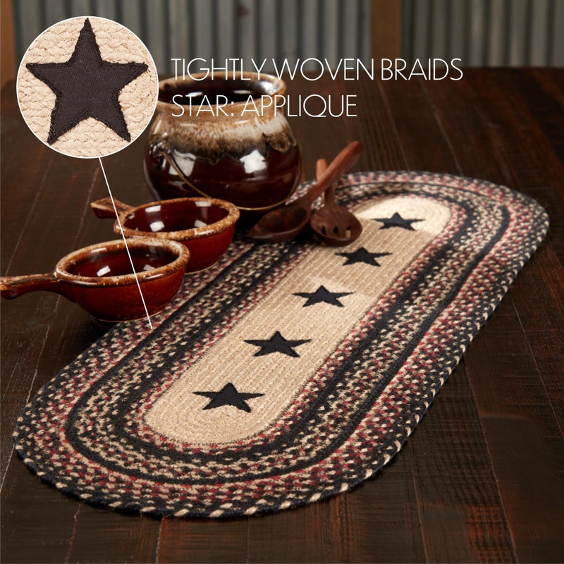 VHC Brands Primitive Colonial Star Table Runner  Tan Black Red  Jute Blend  Oval  13x36 Inches - Image 3