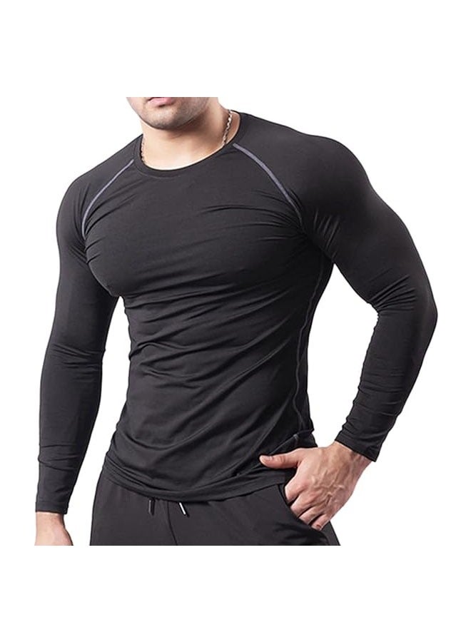 Men's Long Sleeve Compression Shirt Compression T-Shirt for Workout Fitness Muscle Training Sportswear (Black + Gray Line) - Image 1
