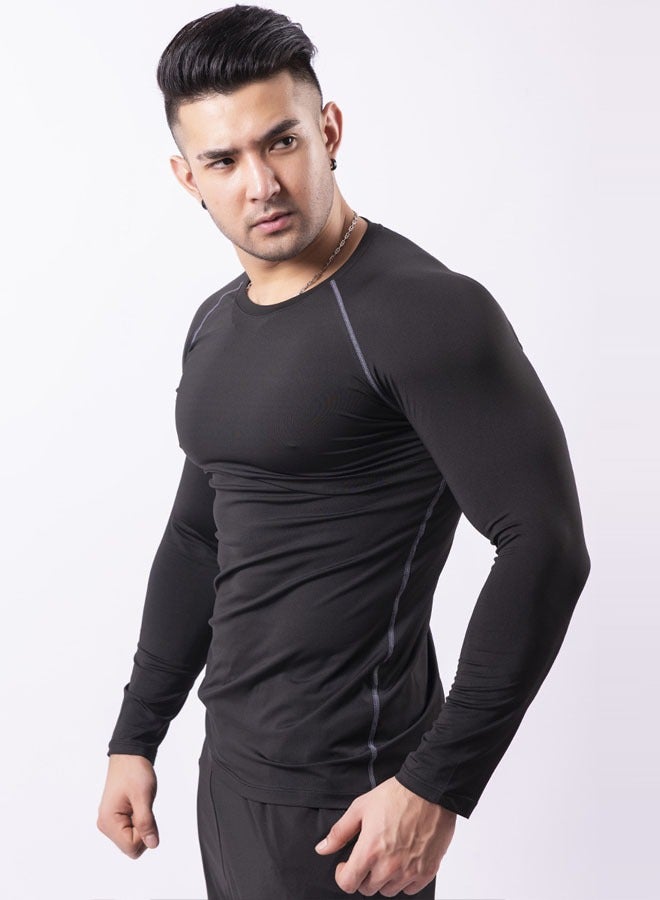 Men's Long Sleeve Compression Shirt Compression T-Shirt for Workout Fitness Muscle Training Sportswear (Black + Gray Line) - Image 3