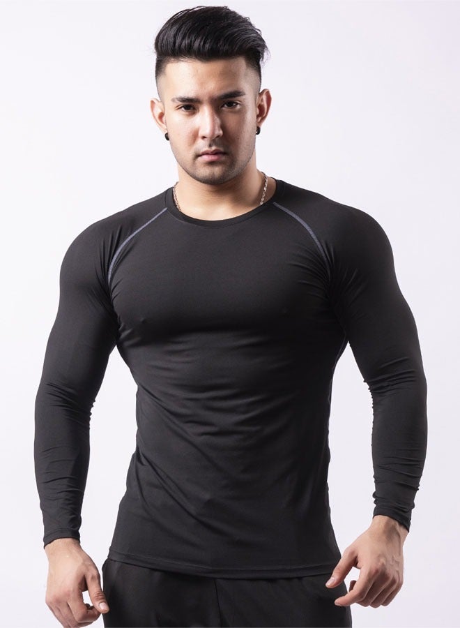 Men's Long Sleeve Compression Shirt Compression T-Shirt for Workout Fitness Muscle Training Sportswear (Black + Gray Line) - Image 2