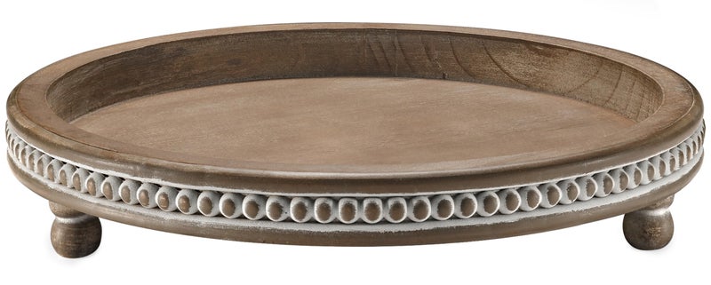 KULEDM Handmade 12 Inch Decorative Tray, Small Beaded Tray Coffee Table Decor, Warm Brown Round Wooden Tray for Coffee Table, Dining Room Table Entryway and Living Room Table - Image 1