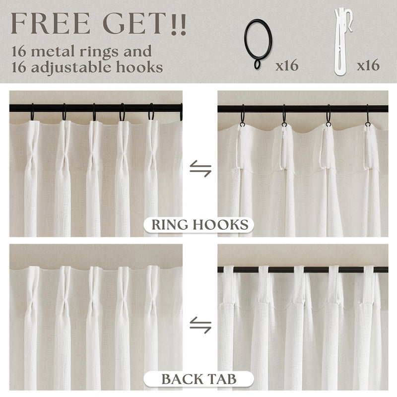 TWODRAPES 102 Inch Long Curtains Pinch Pleat Linen Curtains for Living Room Bedroom 2 Panels Natural Cream Light Filtering Privacy Neutral 102 Inch Pleated Drapes Hooks Rings Back Tab for Window Sliding Door - Image 5