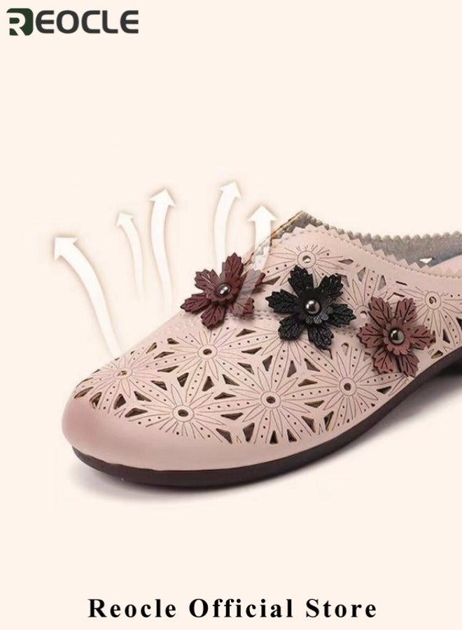 ريوكل صنادل نسائية ذات قاع ناعم ومغلق من الأمام أحذية نسائية ذات قاع ناعم غير قابل للانزلاق، أحذية مريحة ذات فتحة منخفضة ووتد مريحة على أحذية ذات زهرة بسيطة قابلة للتنفس للارتداء اليومي - Image 4