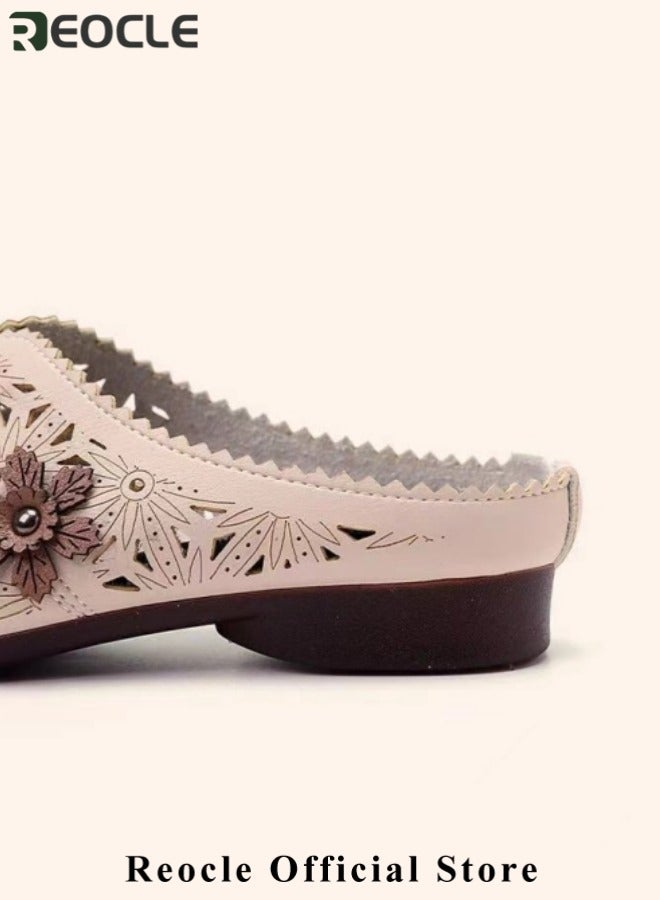 ريوكل صنادل نسائية ذات قاع ناعم ومغلق من الأمام أحذية نسائية ذات قاع ناعم غير قابل للانزلاق، أحذية مريحة ذات فتحة منخفضة ووتد مريحة على أحذية ذات زهرة بسيطة قابلة للتنفس للارتداء اليومي - Image 5