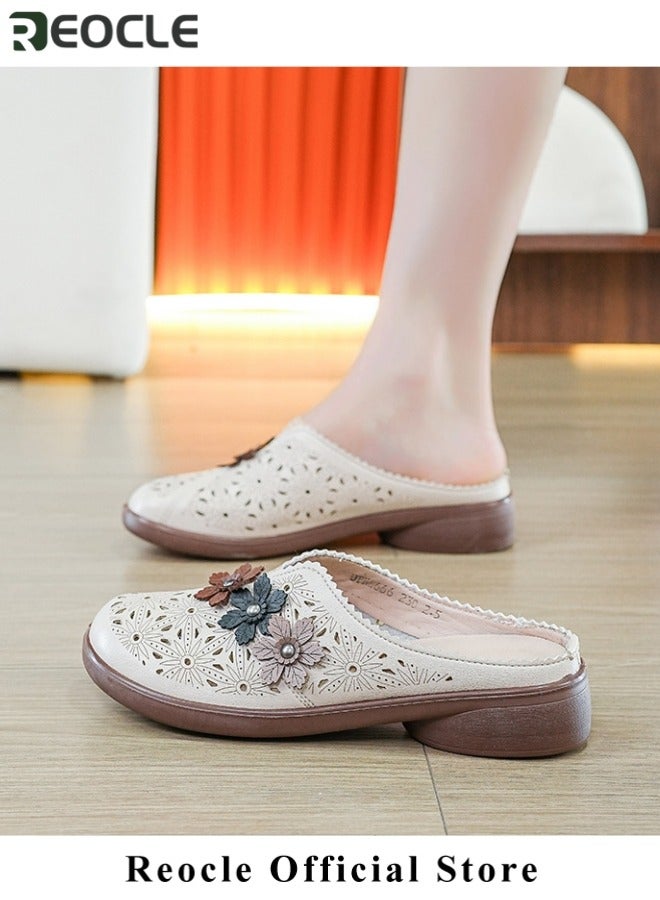 ريوكل صنادل نسائية ذات قاع ناعم ومغلق من الأمام أحذية نسائية ذات قاع ناعم غير قابل للانزلاق، أحذية مريحة ذات فتحة منخفضة ووتد مريحة على أحذية ذات زهرة بسيطة قابلة للتنفس للارتداء اليومي - Image 2