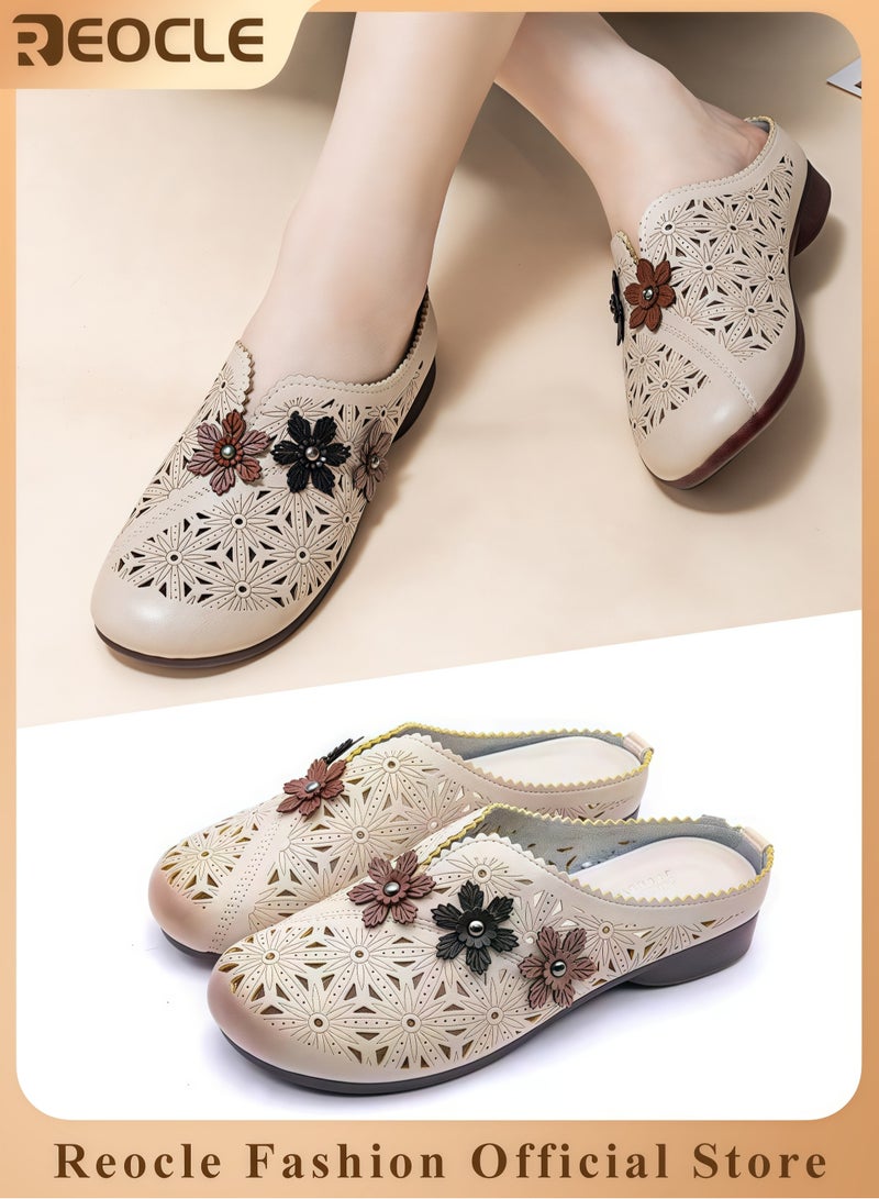 ريوكل صنادل نسائية ذات قاع ناعم ومغلق من الأمام أحذية نسائية ذات قاع ناعم غير قابل للانزلاق، أحذية مريحة ذات فتحة منخفضة ووتد مريحة على أحذية ذات زهرة بسيطة قابلة للتنفس للارتداء اليومي - Image 1