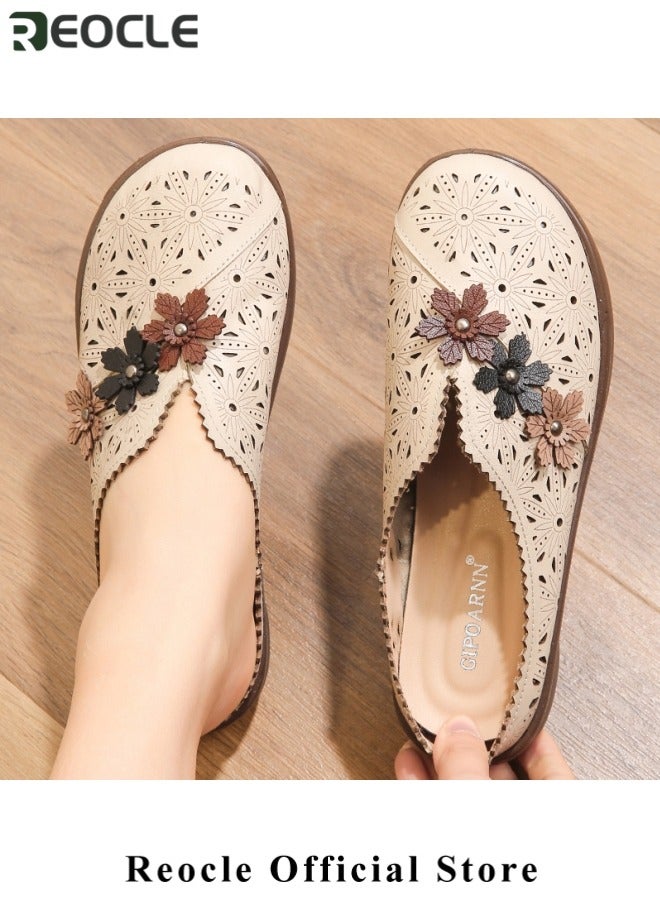 ريوكل صنادل نسائية ذات قاع ناعم ومغلق من الأمام أحذية نسائية ذات قاع ناعم غير قابل للانزلاق، أحذية مريحة ذات فتحة منخفضة ووتد مريحة على أحذية ذات زهرة بسيطة قابلة للتنفس للارتداء اليومي - Image 3