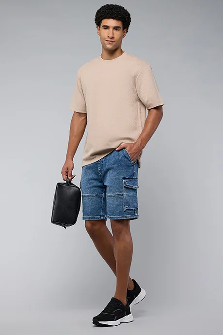 R&B Washed Cargo Denim Shorts with Drawstring Waist