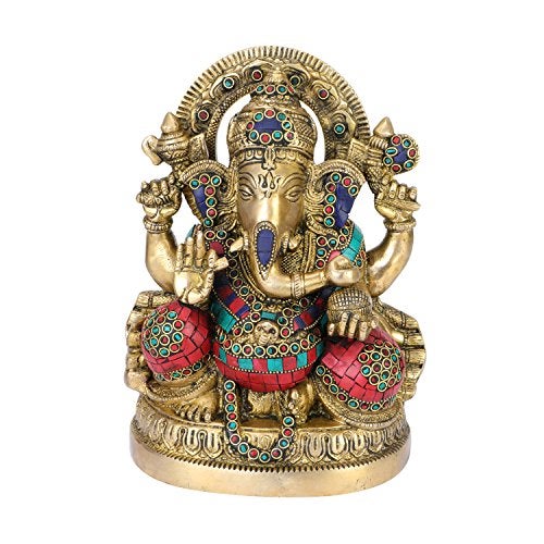 ARTVARKO Large Brass Ganesha Idol Statue Decorated with Multicolored Gem Stone Handwork Ganpati Murti for Home Décor Mandir Gift Height 9" - Image 1