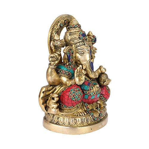 ARTVARKO Large Brass Ganesha Idol Statue Decorated with Multicolored Gem Stone Handwork Ganpati Murti for Home Décor Mandir Gift Height 9" - Image 2