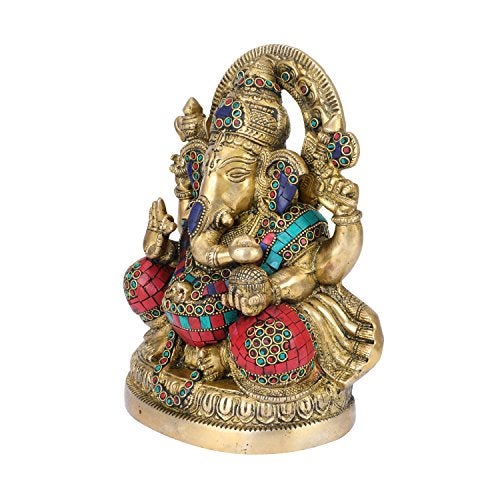 ARTVARKO Large Brass Ganesha Idol Statue Decorated with Multicolored Gem Stone Handwork Ganpati Murti for Home Décor Mandir Gift Height 9" - Image 3