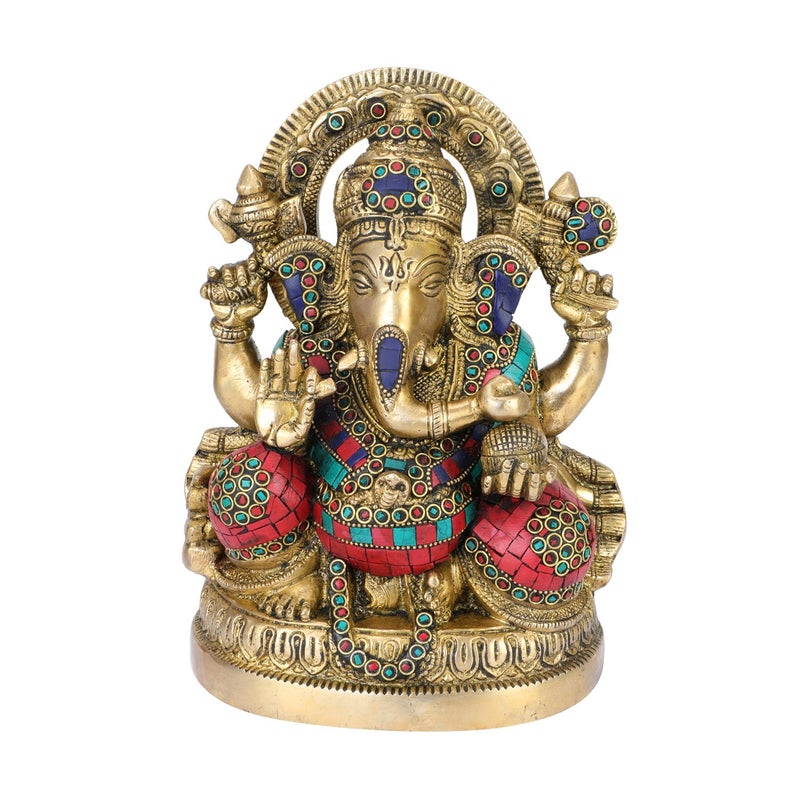 ARTVARKO Large Brass Ganesha Idol Statue Decorated with Multicolored Gem Stone Handwork Ganpati Murti for Home Décor Mandir Gift Height 9" - Image 5