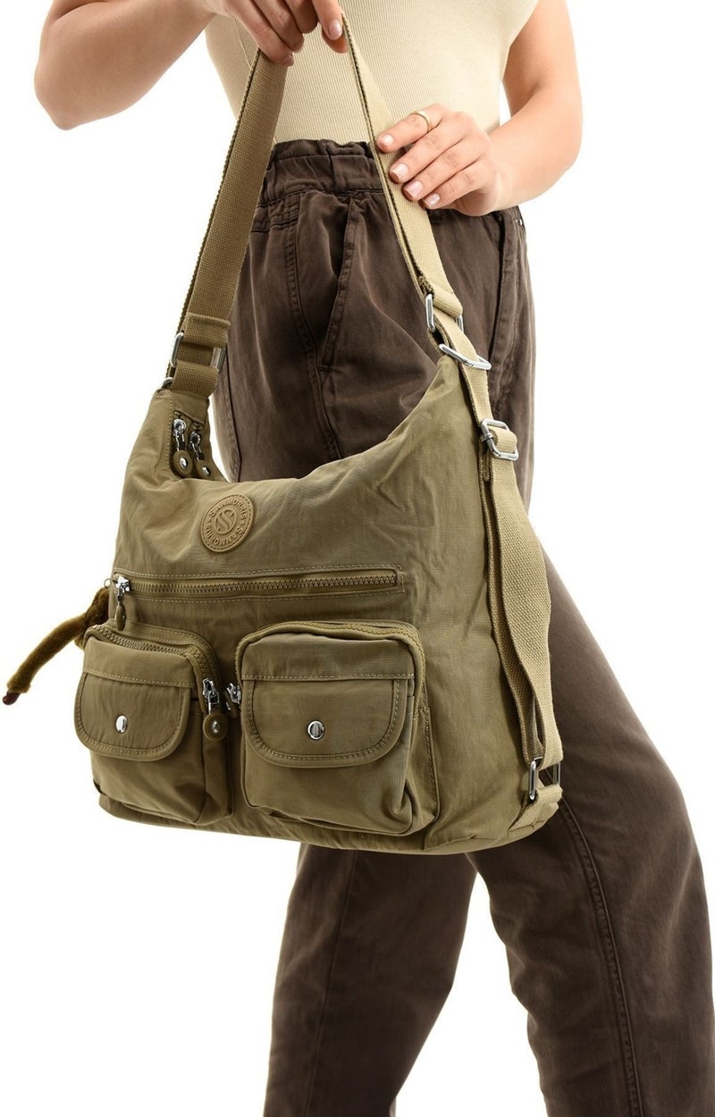 Sanmorris Women's Crinkle Fabric Water Resistant Beige Shoulder and Backpack Bag - Image 3