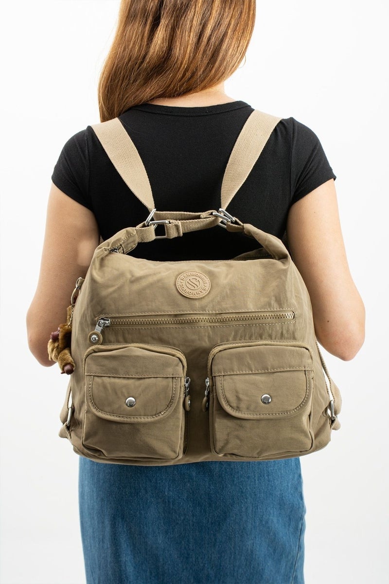 Sanmorris Women's Crinkle Fabric Water Resistant Beige Shoulder and Backpack Bag - Image 2