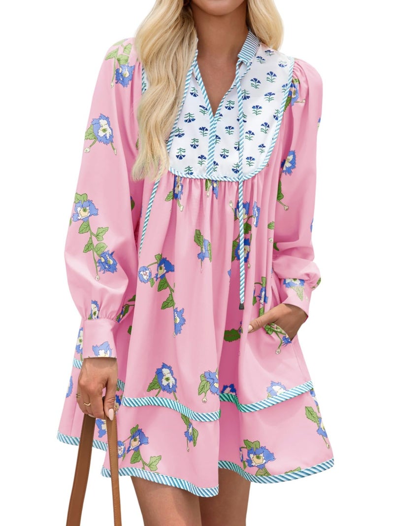 Wenrine Womens Casual Floral Mini Dress 2025 Fall Long Sleeve V Neck Patchwork Loose Boho Shirt Dresses Pink - Image 1