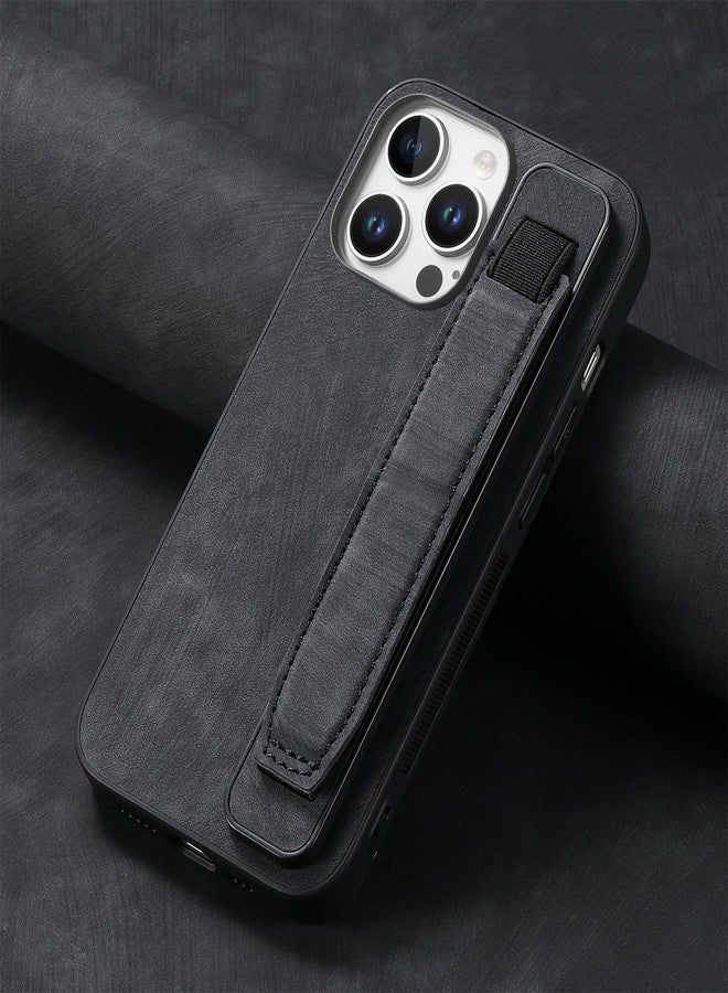 أوميو جراب جلدي من تصميم أوميو لهاتف آيفون 16 برو، مزود بحامل وحزام، وحزام للمعصم، وغطاء خلفي من الجلد، وغطاء صلب من البولي كربونات مقاوم للصدمات، وغطاء مانع للانزلاق، مناسب للرجال والنساء والفتيات، أسود - Image 2