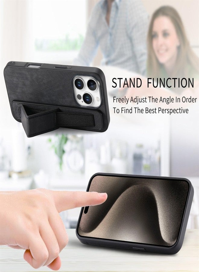 أوميو جراب جلدي من تصميم أوميو لهاتف آيفون 16 برو، مزود بحامل وحزام، وحزام للمعصم، وغطاء خلفي من الجلد، وغطاء صلب من البولي كربونات مقاوم للصدمات، وغطاء مانع للانزلاق، مناسب للرجال والنساء والفتيات، أسود - Image 5