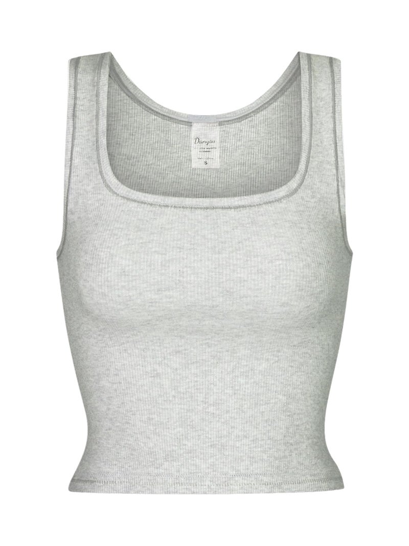 Danysu Women Cotton Rib Tank Top with Built in Bra Square Neck Crop Tank Fitted Basic Tops Heather White M - Image 2