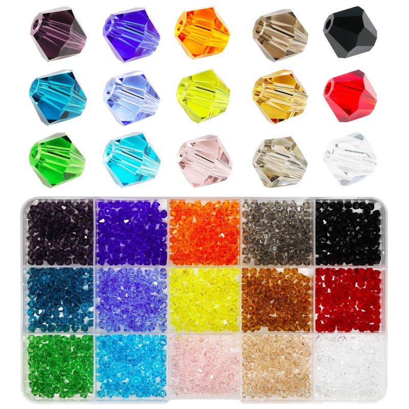 Wholesale 4mm Bicone Faceted Crystal Glass Beads for Jewelry Making DIY Craft Beads for Necklace 15 Colors Mix Lot in Box Total 1500pcs